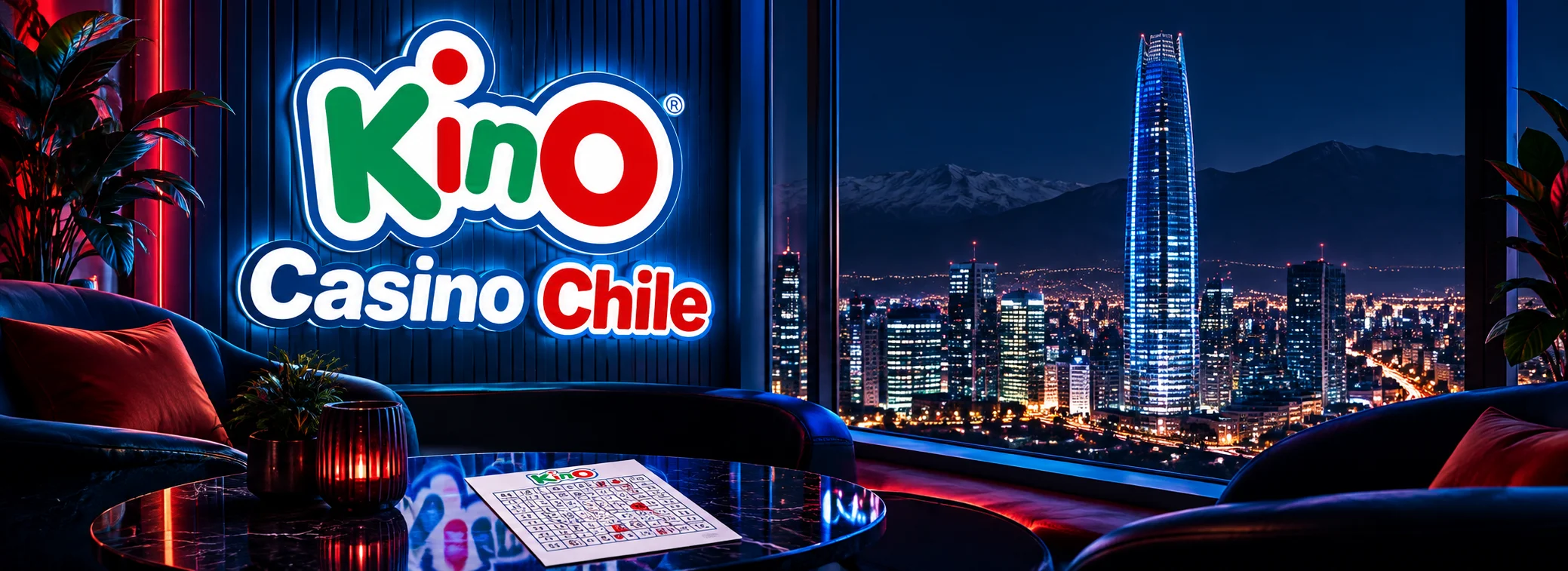Banner de Kino Casino Chile con una tómbola de bolillas verdes y rojas y un cartón de 14 números marcado sobre un fondo claro